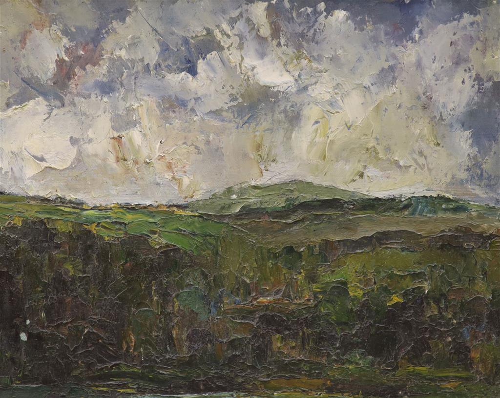 Peter Bishop, oil on canvas and on board, Landscape Kent and Scottish Highlands, both labelled, 29 x 37cm and 35 x 45cm